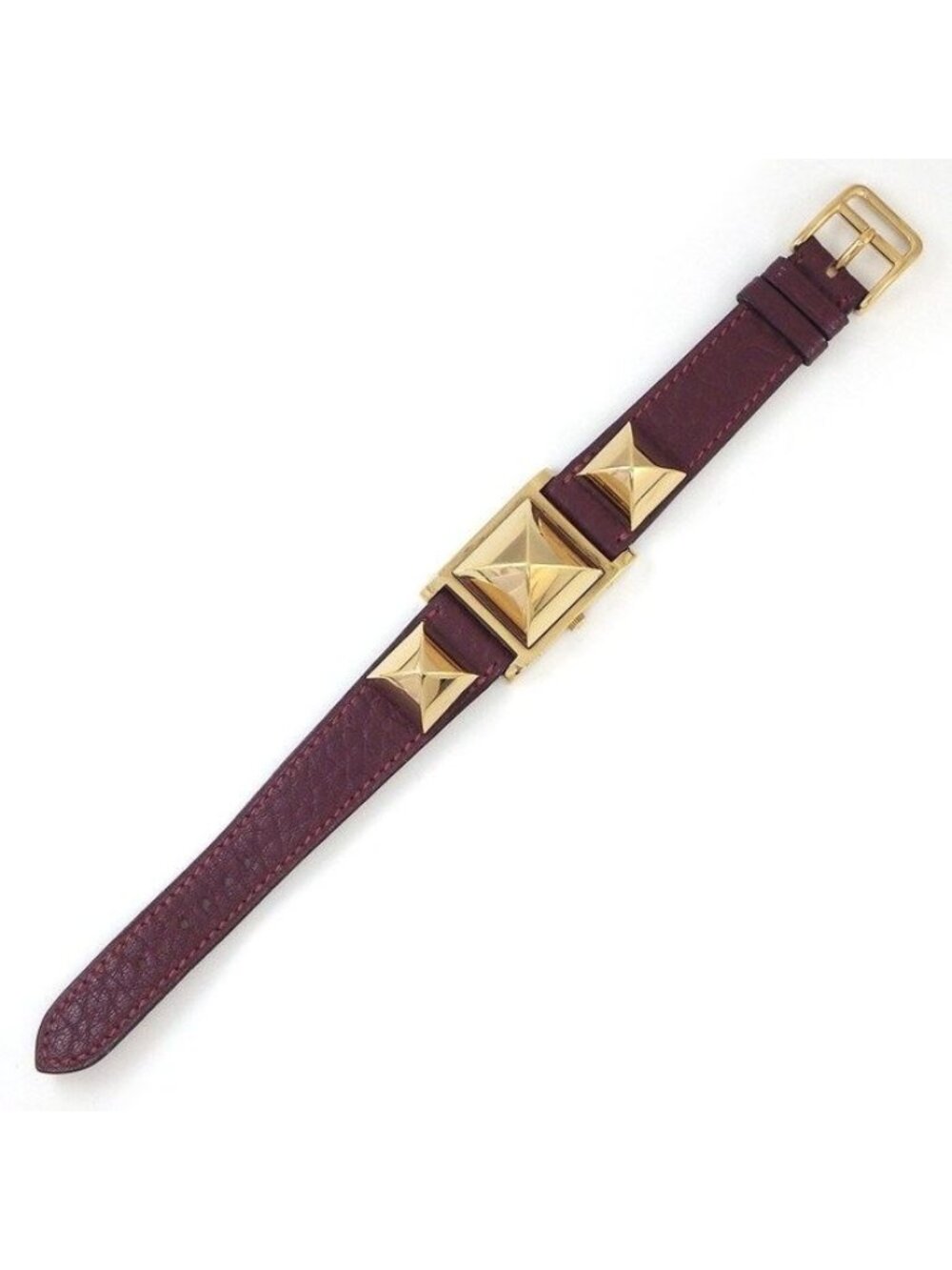 Hermes Watch Medallion Studs Square White Dial Red Leather Quartz Analog - Picture 4 of 12
